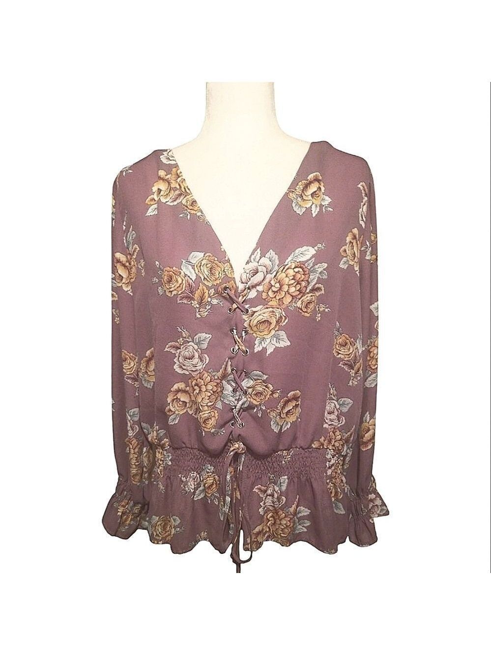 Cure Pheasant Blouse Elastic Band Flare at Hemline Dusty Rose Floral Size 1X